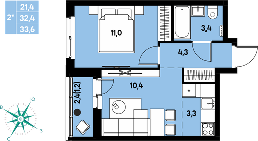 Квартира 33,6 м², 2-комнатная - изображение 1