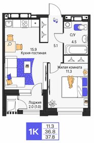 Квартира 37,8 м², 1-комнатная - изображение 1