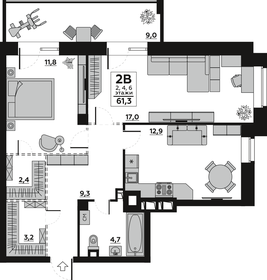 Квартира 61,4 м², 2-комнатная - изображение 1