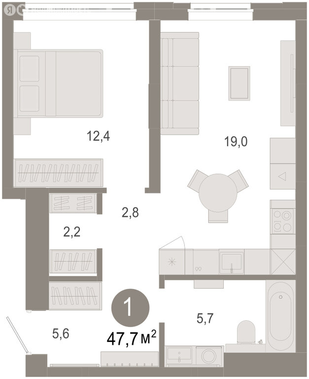 2-комн. квартира, 47.65 м² 2