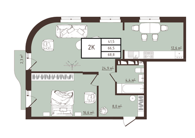 Квартира 68,8 м², 2-комнатная - изображение 1