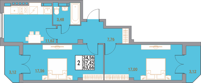 Квартира 63,9 м², 2-комнатная - изображение 1