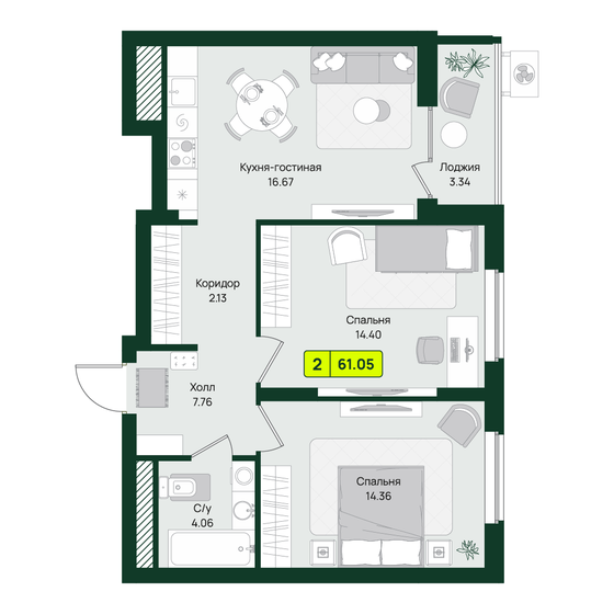 60,4 м², 2-комнатная квартира 7 760 496 ₽ - изображение 10