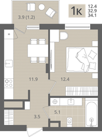 Квартира 34,1 м², 1-комнатная - изображение 1