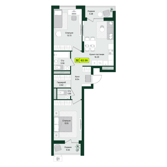 60,4 м², 2-комнатная квартира 7 760 496 ₽ - изображение 8