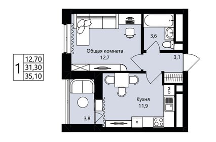 Квартира 31,3 м², 1-комнатная - изображение 1