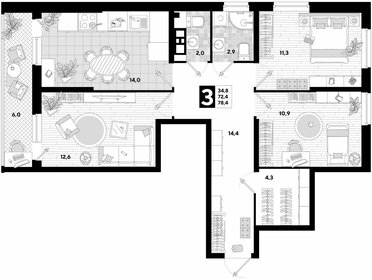 Квартира 78,4 м², 3-комнатная - изображение 1