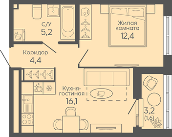 Квартира 39,7 м², 1-комнатная - изображение 1