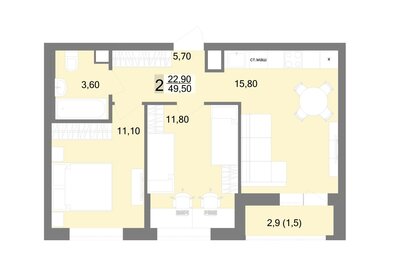 Квартира 49,5 м², 2-комнатная - изображение 1