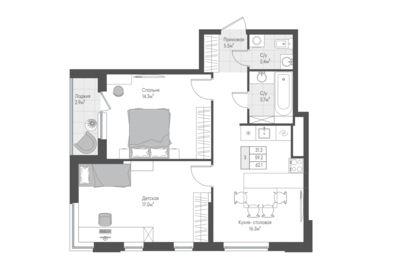 Квартира 60,7 м², 2-комнатная - изображение 1