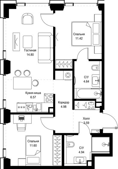 61,2 м², 2-комнатная квартира 35 870 340 ₽ - изображение 44