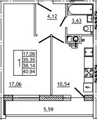 Квартира 41,1 м², 1-комнатная - изображение 1