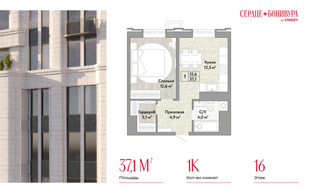 Квартира 37,1 м², 1-комнатная - изображение 1