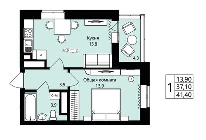 Квартира 37,1 м², 1-комнатная - изображение 1