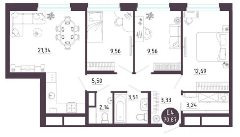 Квартира 70,9 м², 3-комнатная - изображение 1