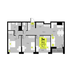 Квартира 76,7 м², 3-комнатная - изображение 2
