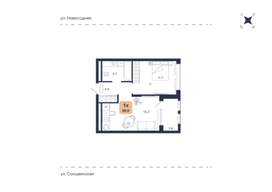 Квартира 39,8 м², 1-комнатная - изображение 1