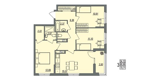 Квартира 70,7 м², 3-комнатная - изображение 1