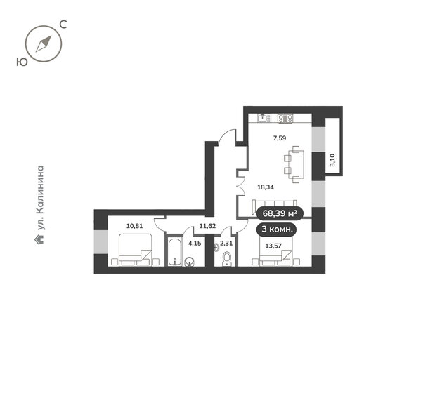 69,3 м², 3-комнатная квартира 10 600 000 ₽ - изображение 12