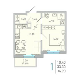 Квартира 34,9 м², 1-комнатная - изображение 1
