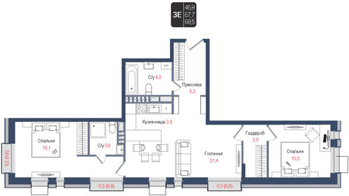 Квартира 67,7 м², 3-комнатная - изображение 1