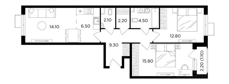 Квартира 68,7 м², 2-комнатная - изображение 1