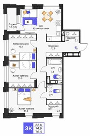 Квартира 76,4 м², 3-комнатная - изображение 1
