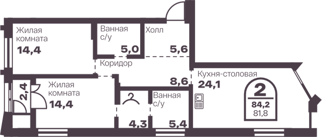 Квартира 81,8 м², 2-комнатная - изображение 1