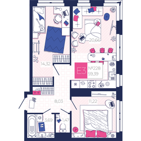 Квартира 59,4 м², 2-комнатная - изображение 1