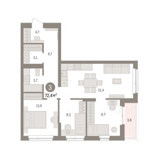 Квартира 72,4 м², 3-комнатная - изображение 2
