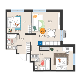 Квартира 62,4 м², 2-комнатная - изображение 1