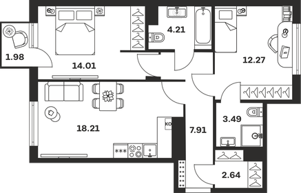 Квартира 64,7 м², 2-комнатная - изображение 1