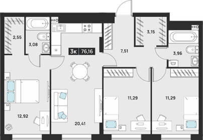 Квартира 76,2 м², 3-комнатная - изображение 1