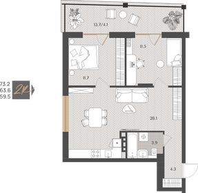 Квартира 63,6 м², 2-комнатная - изображение 1