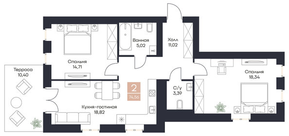 Квартира 74,6 м², 2-комнатная - изображение 1