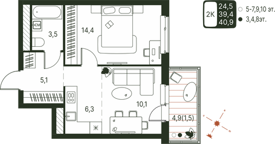 Квартира 40,9 м², 2-комнатная - изображение 1