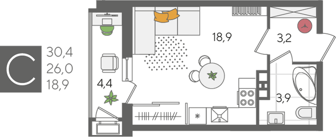Квартира 30,4 м², студия - изображение 1