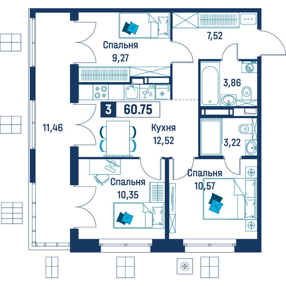 62 м², 3-комнатная квартира 11 280 000 ₽ - изображение 129