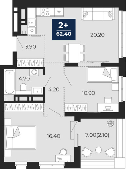 59,9 м², 1-комнатная квартира 3 800 000 ₽ - изображение 12