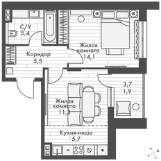Квартира 43,9 м², 2-комнатная - изображение 1