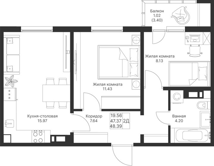 44,7 м², 2-комнатная квартира 8 970 000 ₽ - изображение 53
