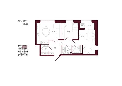 Квартира 75,3 м², 2-комнатная - изображение 1