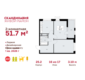 Квартира 51,7 м², 2-комнатная - изображение 1