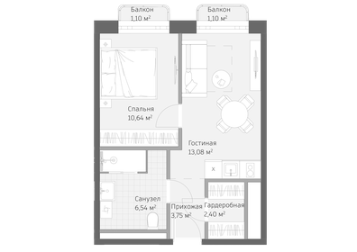 Квартира 38,6 м², 2-комнатные - изображение 1