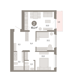 Квартира 65,1 м², 2-комнатная - изображение 1