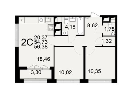 Квартира 56,4 м², 2-комнатная - изображение 1