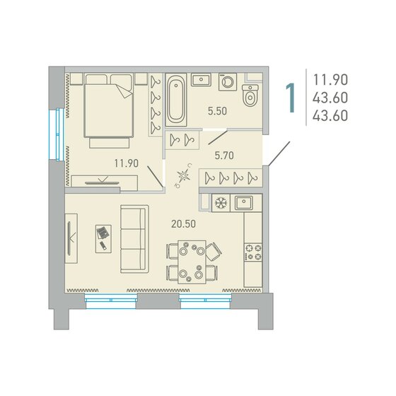 42,4 м², 1-комнатная квартира 9 344 089 ₽ - изображение 1
