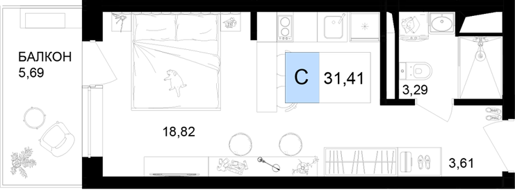 Квартира 31,4 м², студия - изображение 1
