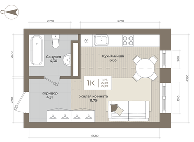 Квартира 27,2 м², студия - изображение 1