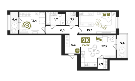 Квартира 90,4 м², 2-комнатная - изображение 1